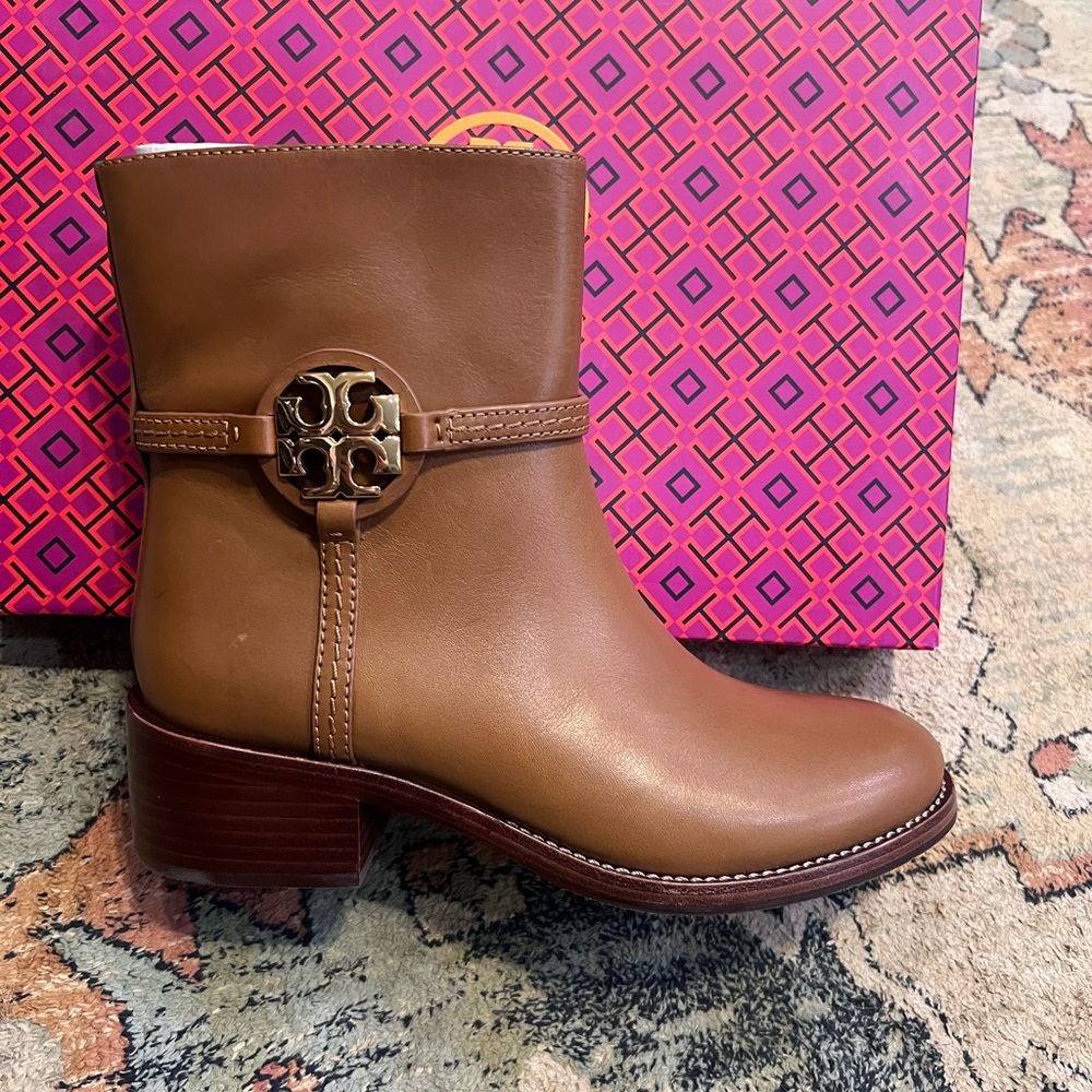 Tory Burch Brown Ankle Booties with Logo Medallion
